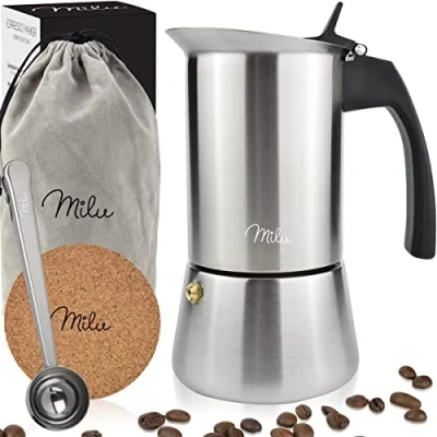 Obrázek Milu Vhodný pro indukční vařiče na espresso 2, 4, 6, 9 šálků nerezová moka konvice, konvice espresso, sada přípravu espressa vč. podšálku, lžíce, kartáče (6 300 ml)