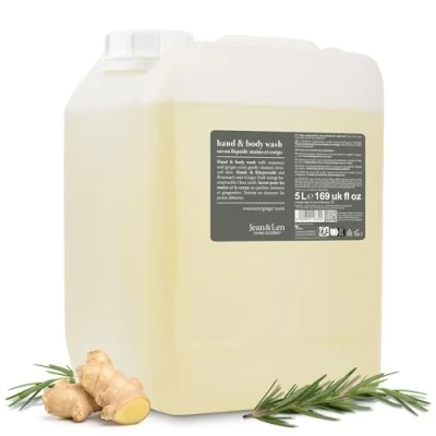 Obrázek Jean &amp; Len Hand Body Wash Rosemary a zázvor v kanystru, čistí pečuje o pokožku, kořeněnou svěží vůni, tekuté mýdlo nádobce na doplnění, bez silikonů, parabenů mikroplastů, 5 l