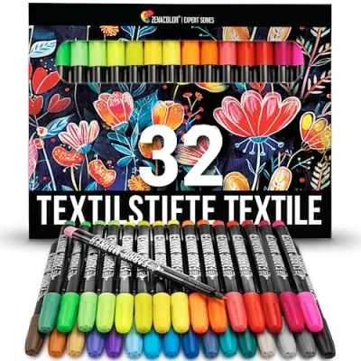 Obrázek Zenacolor 32 textilních tužek lze prát v pračce barva na textil netoxické, omyvatelné a permanentní značkovače látky, ideální pro trička, látkové tašky děti dospělé