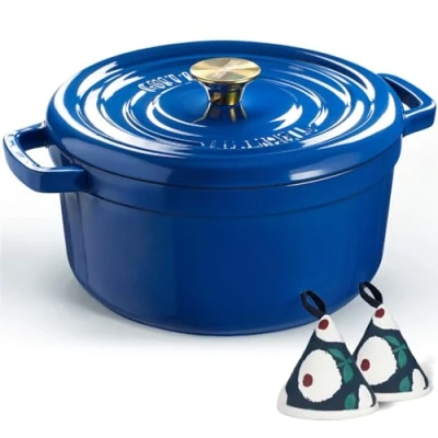 Obrázek Overmont Pekáč, smaltovaný, litinový hrnec Dutch Oven 26 cm, vhodný do trouby s víkem a kuchařkou pro pečení kuchyně, na pečení, královská modř