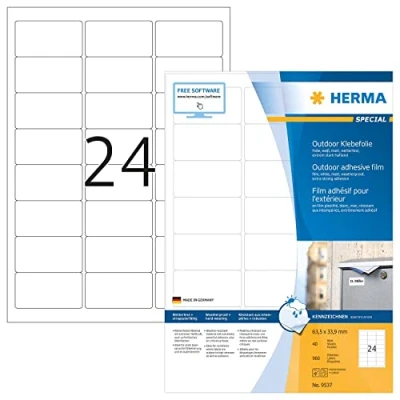 Obrázek HERMA 9537 etikety odolné proti povětrnostním vlivům, 40 listů, 63,5 x 33,9 mm, 24 archů A4, 960 kusů, samolepicí, potištěné, matné, prázdné venkovní lepicí nálepky z polyetylénu, bílé