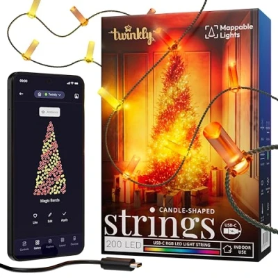 Obrázek Twinkly Strings USB C Candle 200 LED, LED světelný řetěz ve tvaru svíčky, RGB světla, vícebarevný, kompatibilní s Alexa a Google Home, vánoční dekorace, napájení C, zelený kabel, 12 m