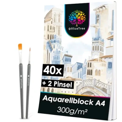 Obrázek OfficeTree akvarelový papír A4 40 listů 300 g arch blok bílý kreslicí omalovánky se 2 štětci zdarma Watercolor Paper