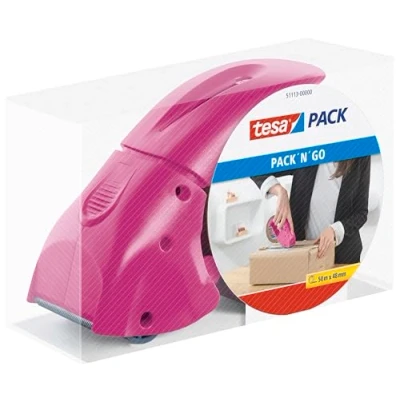 Obrázek tesa tesapack Abroller Pack&#039; n&#039; Go ergonomický, růžový odvíječ na balicí pásky včetně lepicí 50 m x 48 mm
