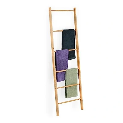 Obrázek Relaxdays Žebřík na ručníky dřevo, 6 příček, žebřík prádlo a oblečení, V x Š 170 55 cm, koupelnový žebřík, přírodní
