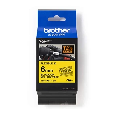 Obrázek Brother Originální P touch popisovací páska TZE FX611 6 mm, černá na žluté (mimo jiné pro PT H100LB/R, H105, E100/VP, D200/BW/VP, D210/VP) k popisování kabelů a trubek, laminované,