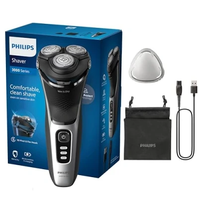 Obrázek Philips Shaver Series 3000 elektrický holicí strojek na mokré a suché holení pro muže v černé barvě, s technologií SkinProtect, vyklápěcí zastřihovač vousů cestovní taškou, bezdrátový (model