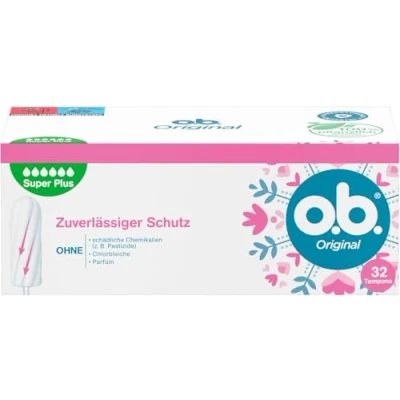 Obrázek o.b. Originální super Plus (32 kusů), tampony pro velmi silné dny, technologie StayDry a zakřivené drážky, spolehlivá ochrana pocit čistoty během období
