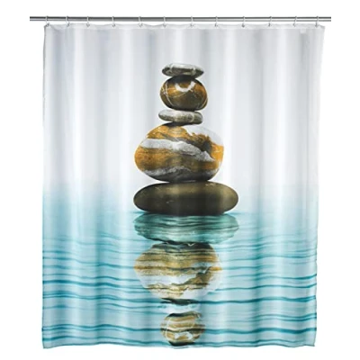 Obrázek WENKO Sprchový závěs meditace, textilní do koupelny, s kroužky k upevnění na sprchovou tyč, omyvatelný, vodoodpudivý, 180 x 200 cm