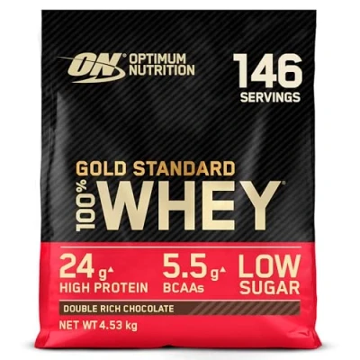 Obrázek Optimum Nutrition Gold Standard 100% syrovátkový proteinový prášek pro růst a regeneraci svalů s přirozeně se vyskytujícím glutaminem aminokyselinami BCAA, Double Rich Chocolate, 146 porcí, 4,53 kg