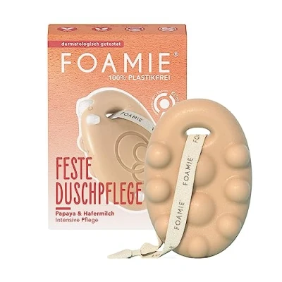 Obrázek Foamie Pevný sprchový gel s papáji a ovesným mlékem, péče o sprchu masážní efekt pro intenzivní péči, pevná sprcha 100% veganské, bez plastů, silikonu, 80 g