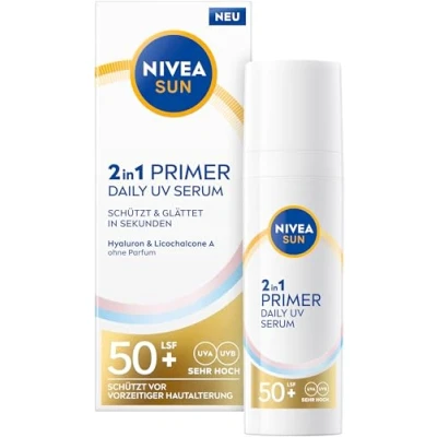 Obrázek NIVEA SUN 2v1 Primer Daily UV Serum LSF 50+, neparfémovaný opalovací krém pro hladší pokožku obličeje s hyaluronem a antioxidanty, rychle se vstřebávající péče o obličej (30 ml)