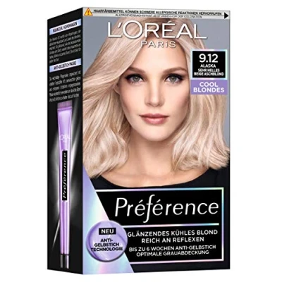 Obrázek L&#039;Oréal Paris Permanentní barva na vlasy s chladným barevným výsledkem, sada barvení vlasů barvením a proti žlutému nádechu pečující balzám Préférence Cool Blondes, č. 9.12 Velmi světlá béžová