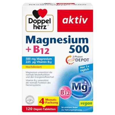 Obrázek Doppelherz Hořčík 500 + 2fázový B12 vysoká dávka s mg hořčíku v jedné tabletě depot veganské 120 tablet