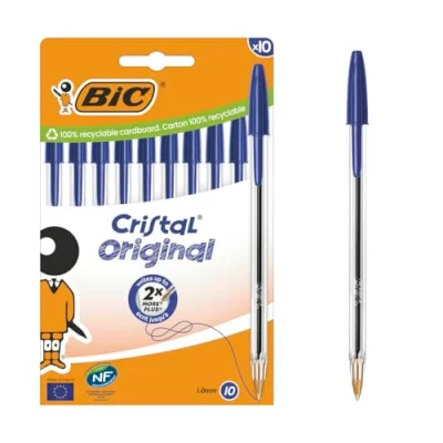 Obrázek BIC Cristal Original Kugelschreiber mit mittlerer Spitze (1,00 mm), sechseckigem Schaft und passender Kappe Blau, Kartonschachtel à 10