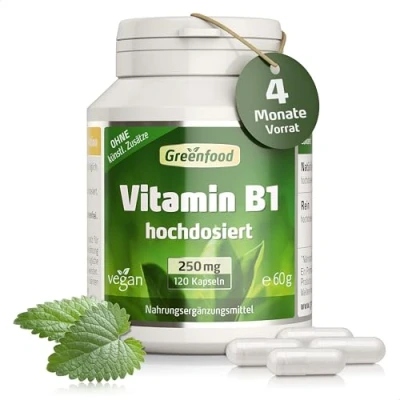 Obrázek Vysoká dávka vitaminu B1 B 1 vitamín 250 mg denně (120 veganských kapslí) thiamin nezbytný pro nervový systém a energii bez přísad, genetické inženýrství, laboratorně testováno Greenfood