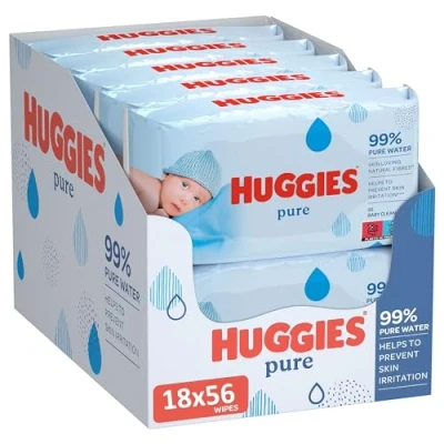 Obrázek Huggies Čisté, dětské ubrousky, 18 balení (celkem 1008 ubrousků) 99 procent čisté vody neparfémované pro jemné čištění a ochranu přírodní vlhčené ubrousky