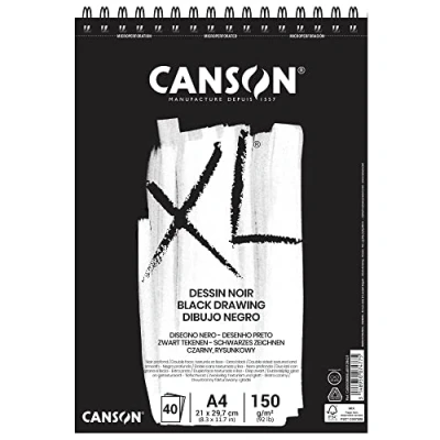 Obrázek CANSON XL černý kreslicí papír, oboustranný: zrnitý a hladký, 150 g/m², na krátké straně spirálově vázaný blok, DIN A4 21 x 29,7 cm, černý, 40 listů