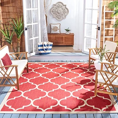 Obrázek SAFAVIEH Geometrisch Teppich für Wohnzimmer, Esszimmer, Schlafzimmer Wasserdicht Courtyard Collection, Kurzer Flor, Rot und Knochen, 79 X 152 cm