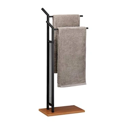 Obrázek Relaxdays Stojan na ručníky, černý, 2 tyče, držák ručníky stojící, ručníků bez vrtání, V Š x H 88 40 20 cm