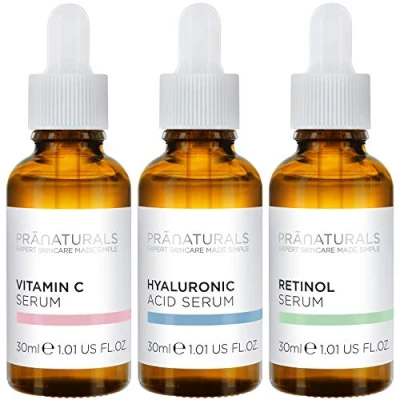 Obrázek PraNaturals Skin Perfector sada obličejového séra 3 x 30 ml kyselina hyaluronová, retinol a vitamin C odstraňuje vrásky vrásky, s přírodními oleji vitamíny