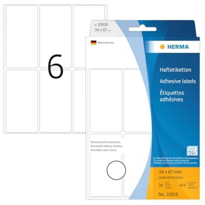 Obrázek HERMA 10616 víceúčelové etikety odstranitelné, 192 kusů, 34 x 67 mm, 6 na arch, samolepicí, štítky pro domácnost k popisování, matné, prázdné papírové lepicí samolepky, bílé