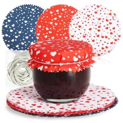 Obrázek com four® 30 x ozdobných deček pro zavařovací sklenice deky na marmeládu s gumami dekorace zdobení sklenic (30 kusů modrá/červená/bílá)