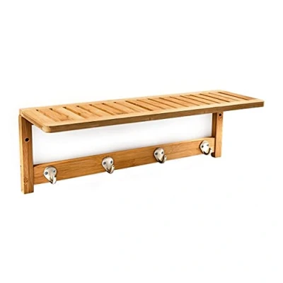 Obrázek Relaxdays nástěnný regál s háčkovou lištou, v x š 18 50 16 cm, věšák se 4 háčky, koupelnový držákem na ručníky, bambusový držák šatní skříň předsíň,