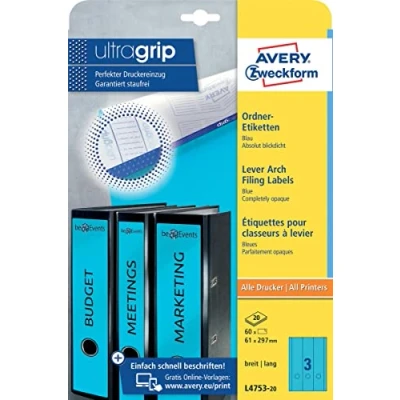 Obrázek AVERY Zweckform L4753 20 Etikety na hřbety pořadačů (60 štítků hřbetu pořadače s ultragripem, 61 x 297 mm A4, široké/dlouhé, samolepicí, absolutně neprůhledné, potiskovatelné štítky pořadače)