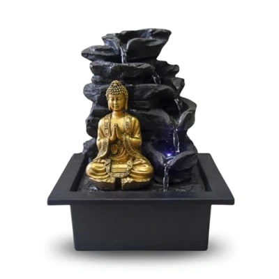 Obrázek Zen Light Shira Zimmerbrunnen mit Pumpe und LED Beleuchtung, Kunstharz, Schwarz, Einheitsgröße