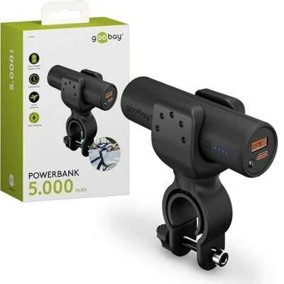 Obrázek Goobay Powerbanka 60656 Bike 5,0 5000 mAh vč. zesíleného držáku pro řídítka jízdního kola/powerbanku elektromotorky/externí baterie/nabíječka s funkcí Quick Charge &amp; Power Delivery/Charger
