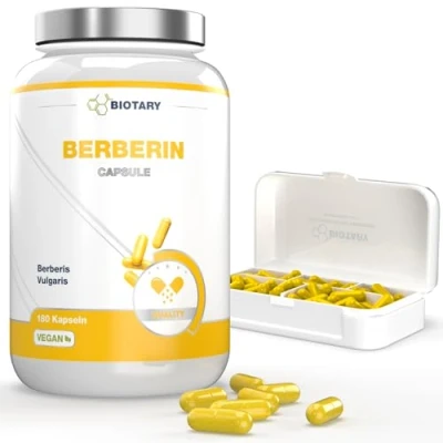 Obrázek Berberin 1000 mg denní dávka, zásoba 3 měsíce, 180 kapslí, včetně krabičky na pilulky, vysoká dávka prémiové kvality, veganské a samozřejmě z 97% beris vulgaris, bez stearátu hořečnatého