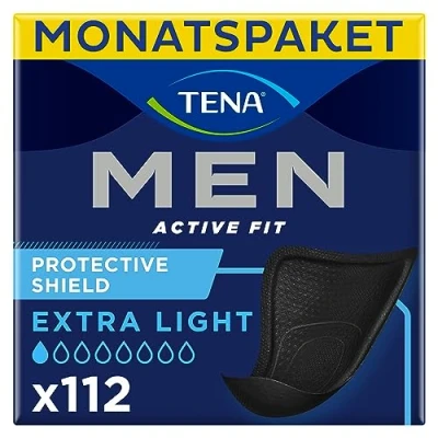 Obrázek TENA MEN Protective Shield extra Light 112 vložek v měsíčním balení (8 x 14), jednotlivě baleno tenké hygienické vložky pro muže při velmi lehké ztrátě moči černá