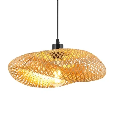 Obrázek Schindora závěsné svítidlo jídelní stůl retro, klobouk stínidlo lampy závěsná lampa 40 cm tkaní E27 kreativita dřevo pro jídelnu, obývací pokoj, restauraci,