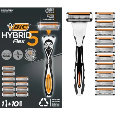 Obrázek BIC Hybrid 5 Flex holicí strojek pánský, mokrý s 10 vyměnitelnými čepelemi čepelemi, Aloe Vera a vitaminem E, přesným zastřihovačem