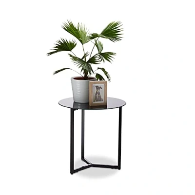 Obrázek Relaxdays Černý kulatý servírovací stolek ze skla a kovu, dekorativní do haly, vxšxh: 51 x 50 cm, v ušlechtilém, standardním