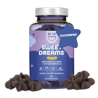 Obrázek Melatonin gumy 0,5 mg na spaní, 120 dní, extra chutné s valeriánem + mučenka heřmánek levandule vitamin B6, borůvková příchuť, 60 chutných gumových medvídků, vegan, BeSoHappy®