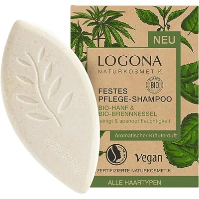 Obrázek LOGONA Naturkosmetik Pevný šampon na vlasy pro přirozeně zdravé vlasy, bar s veganskou recepturou z bio konopí a kopřivy, jako vlasové mýdlo, 1 x 60 g