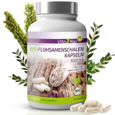 Obrázek Vita2You Bio kapsle psyllium 3000 mg 180 kapslí 750 v jedné kapsli indické slupky ve vysoké dávce bez přísad prémiová kvalita
