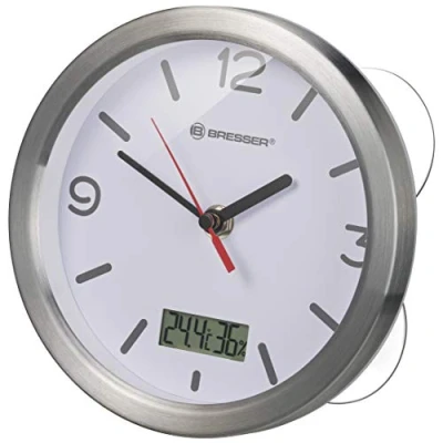 Obrázek Bresser Nástěnné hodiny Mytime Thermo /Hygro rádiové koupelnové s teploměrem a vlhkoměrem včetně 4 silných přísavek k zavěšení nebo postavení, bílé, 17 cm