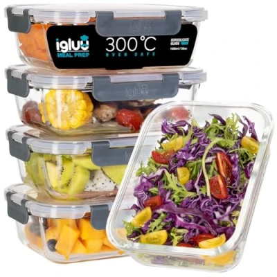Obrázek Igluu Meal Prep Skleněná nádoba s víkem (balení po 5 kusech) dózy na potraviny pro přípravu jídla do mikrovlnné trouby, mrazničky a myčky nádobí odolná proti vytečení, 1050
