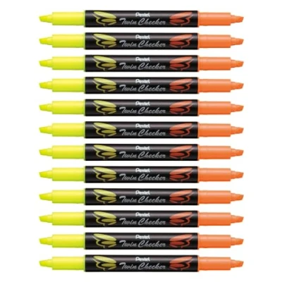 Obrázek Pentel SLW8 Zvýrazňovače Twin Checker, dvoubarevná, 12 kusů, Žlutá/oranžová