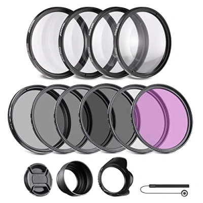 Obrázek NEEWER 67mm ND sada filtrů ND/CPL(polarizační filtr)/UV/FLD/blízký filtr Příslušenství pro objektivy ND2 ND4 ND8 šedý (+1/+2/+4/+10) tulipánová clona, skládací gumová kryt objektivu,