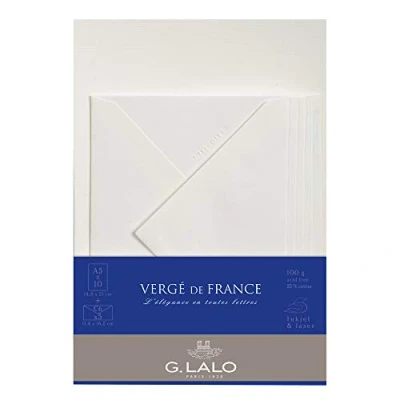 Obrázek G. Lalo 61400L Korrespondenz Set Vergé de France (mit 5 Blatt DIN A5, 14,8 x 21 cm, 100 g, säurefrei, gerade Kante und Umschläge, 11,4 16,2 nassklebend gefüttert) weiß