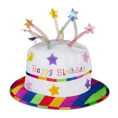 Obrázek Relaxdays Unisex klobouk pro dospělé Happy Birthday Klobouk, narozeninový se svíčkami, party dort, plyšový party, bílý a barevný, 1 kus