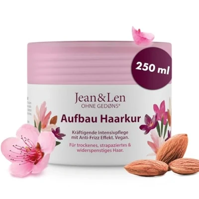 Obrázek Jean &amp; Len Vlasová kúra mandlí a keratin, pro silně poškozené vlasy, regeneruje redukuje třepení vlasů lámání vlasů, vyhlazuje vlasovou strukturu, kůru bez parabenů silikonů, veganská,