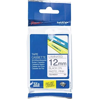 Obrázek Brother Originální laminovaná páska TZe MQE31 12 mm, (mimo jiné pro P touch H200, H100LB/R, H105, E100/VP, D200/BW/VP, D210/VP, Cube) TZEMQE31 černo růžová