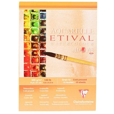 Obrázek Clairefontaine 96304C Etival Matt Aquarellpapier Block (kopfseitig geleimt, 10 Blatt, DIN A5, 14,8 x 21 cm, feinkörnig, 100% Zellulose, 300 g) weiß