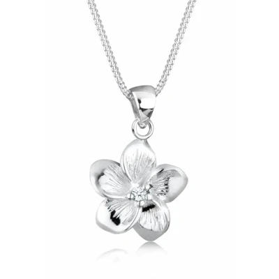 Obrázek Elli Prémiový dámský řetízek s přívěskem květina Frangipani květ stříbro 925 Diamant (0,03 ct) bílý briliantový výbrus 45 cm, Fazetový brus,