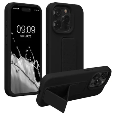 Obrázek kwmobile pouzdro na mobil kompatibilní s iPhone 15 Pro Max držákem prstů a funkcí stojánku silikonový obal v černé barvě